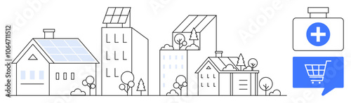 Buildings with solar panels, trees, and bushes showcasing sustainability themes. Healthcare and shopping icons. Ideal for eco-friendly living, urban planning, healthcare, commerce, real estate