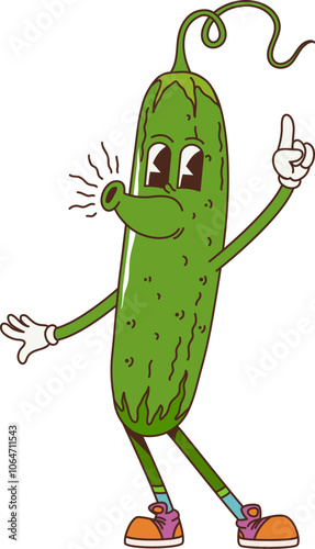 Cartoon groovy cucumber vegetable character with a fun and playful expression, wearing casual shoes and raising one finger. Isolated vector ripe, fresh farm veggie personage promotes healthy eating