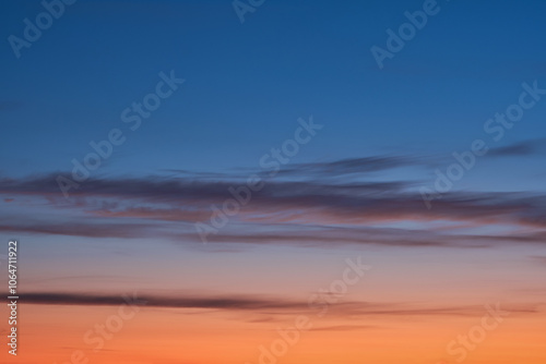 Fototapeta Naklejka Na Ścianę i Meble -  Beautiful sunset and sunrise. Dark moody blue and orange sunset sky. Natural background. Simple background sky for poster or mock up. Soft focus.
