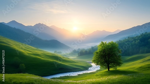 Breathtaking sunrise illuminates the serene landscape of rolling hills and majestic mountains