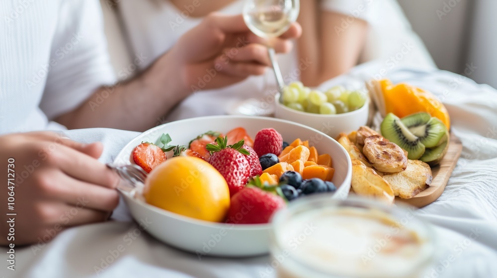 Couple enjoying a fresh fruit breakfast in bed, complete with sweet pastries and drinks at a cozy morning setting Couple enjoying a fresh fruit breakfast in bed, complete with sweet pastries and drinks at a cozy morning setting