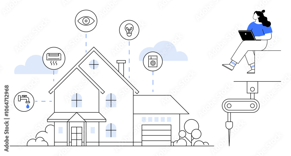 Fototapeta premium Person using laptop to control smart home devices like security, lighting, heating, and appliances. Ideal for home automation, technology integration, remote control, smart living, energy efficiency