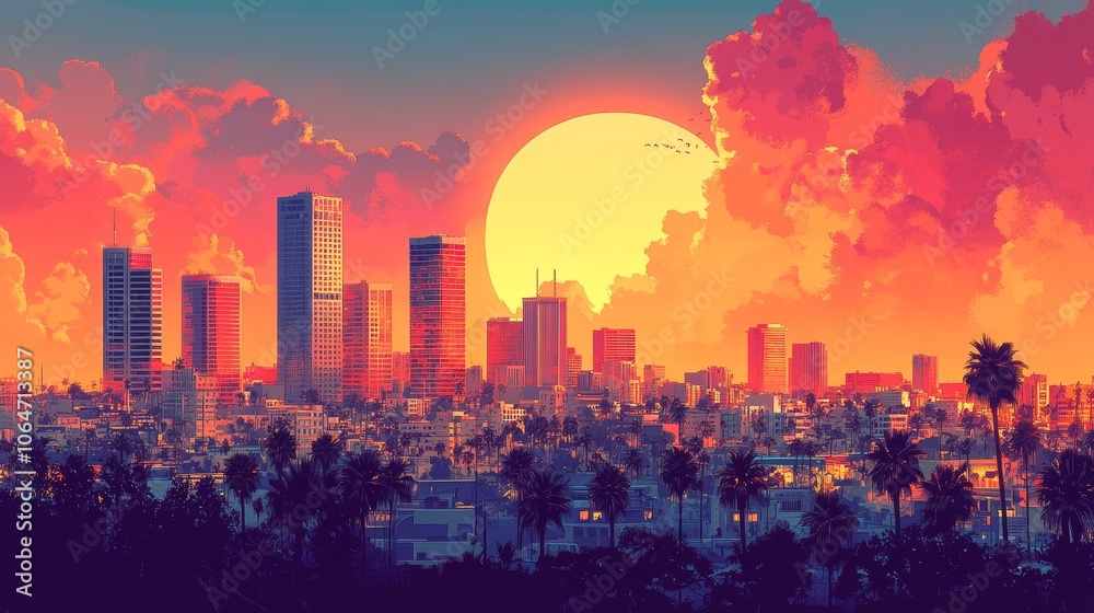 Fototapeta premium Tel Aviv Skyline Sunset Retro Illustration Minimalist Cityscape Art