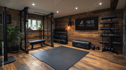 Creative home gym setup with personalized branding and motivational artwork, designed for a small fitness business. photo