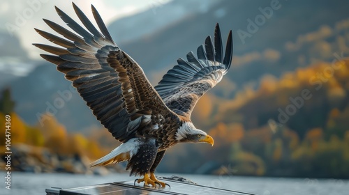 Perched gracefully on a wooden platform, a bald eagle spreads its impressive wings, poised to soar into the crisp morning air as autumn colors reflect on the water photo