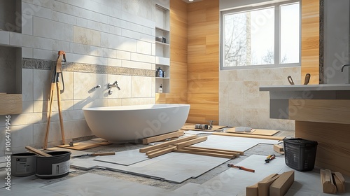 Renovated bathroom with wooden accents