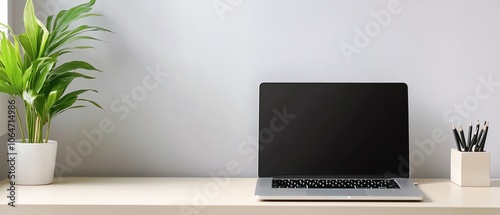 Workspace with laptop and green plant. photo