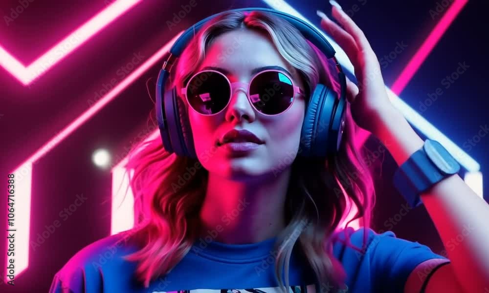 A stylish woman enjoys vibrant neon lights while listening to music with headphones in an energetic urban setting A stylish woman enjoys vibrant neon lights while listening to music with headphones in an energetic urban setting
