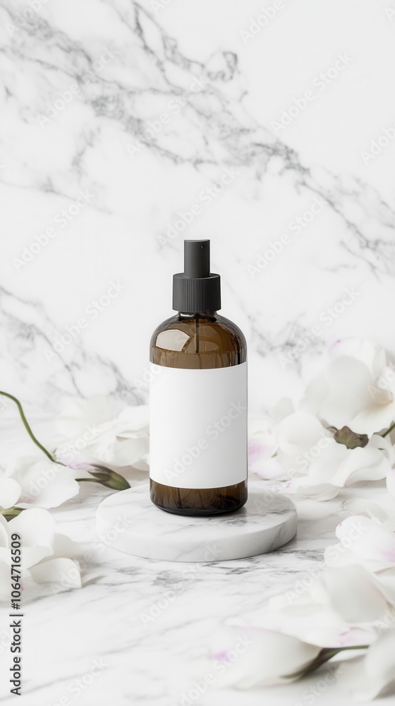 A stylish air freshener bottle sits on a marble table adorned with delicate flower petals A stylish air freshener bottle sits on a marble table adorned with delicate flower petals