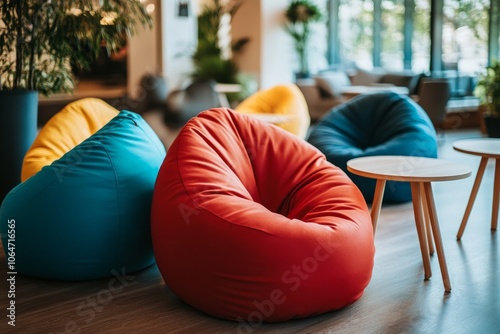 Colorful lounge area with bean bags and small tables