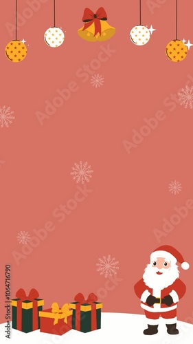 Christmas animated portrait border with christmas ball, bell, present, snow, and red background.