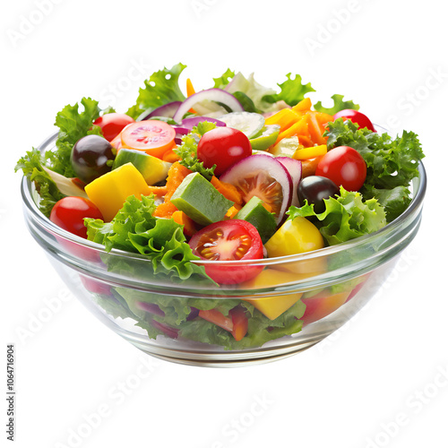 A clear glass bowl of fresh salad with colorful ingredients, isolated on a transparent background