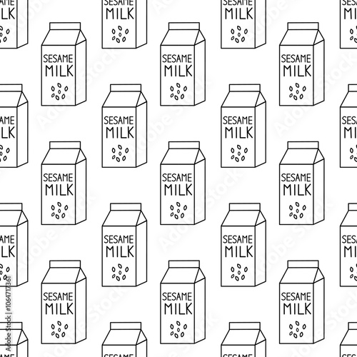 Seamless Pattern with Sesame milk. Box Carton packaging. Outline, Doodle, Line art. Vector flat illustration.