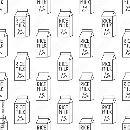 Seamless Pattern with Rice milk. Box Carton packaging. Outline, Doodle, Line art. Vector flat illustration.