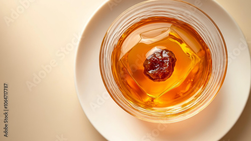 Apricot liqueur with dried fruit, top view.