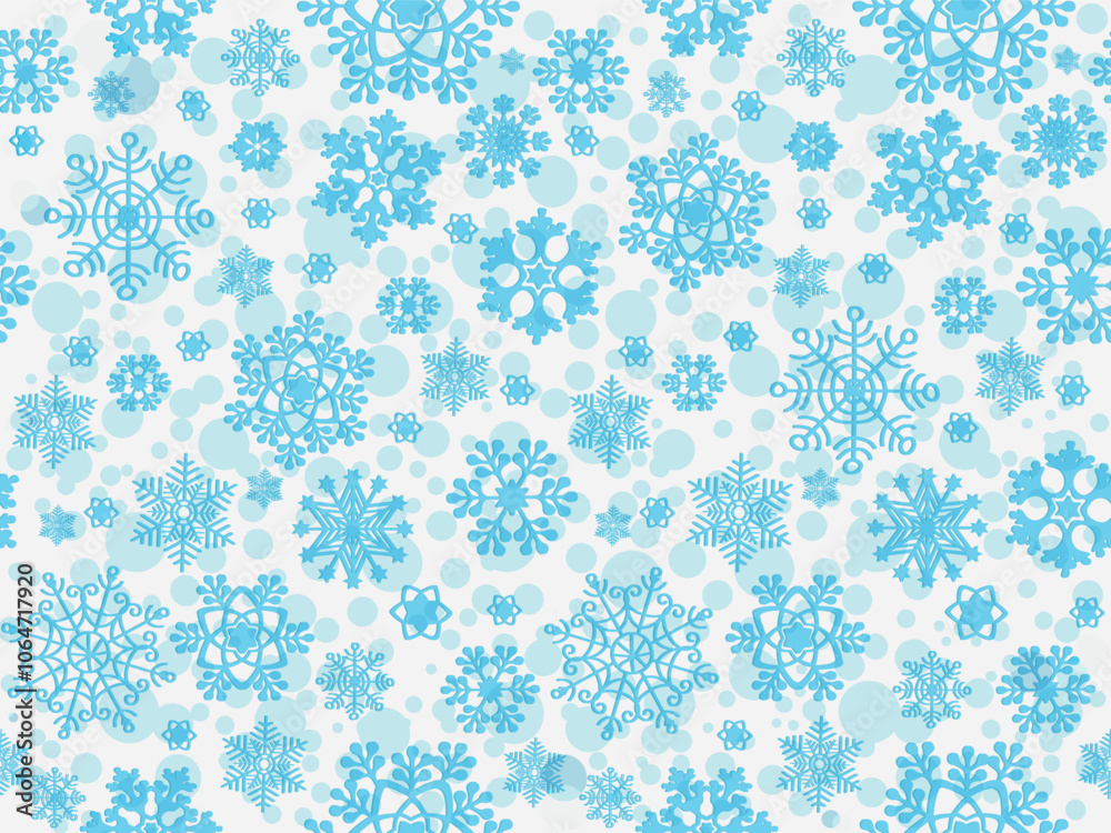 Vector seamless Christmas pattern with blue snowflakes and stars on a white background with bokeh
