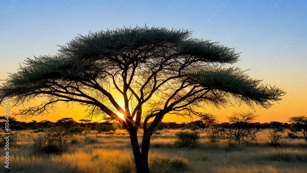 A lone acacia tree stands tall against the setting sun in the African savanna A lone acacia tree stands tall against the setting sun in the African savanna