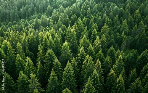 Drone view botanical poster. Aerial shot of Nordic lush green pine trees in summer. Modern Scandi banner, top view, dendritic pattern. Calm Scandinavian forest background. Bird's eye view from above