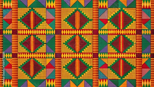 High angle view of colorful kente cloth in a geometric pattern, kente cloth, Ghana, traditional, African, fabric, colorful