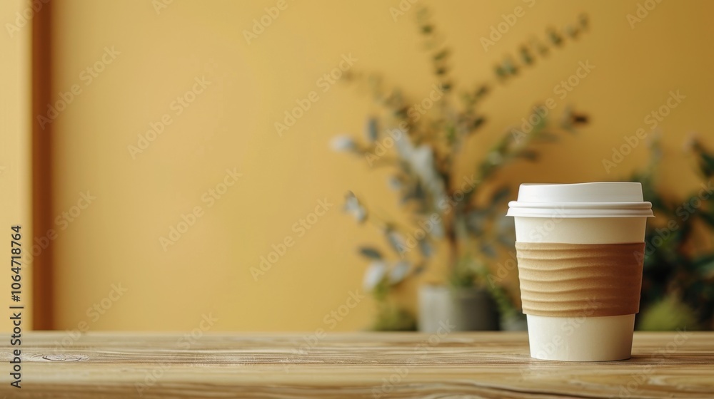 A coffee cup with a white lid sits on a wooden table. Generative AI A coffee cup with a white lid sits on a wooden table. Generative AI