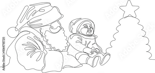 Outlined Cute Santa Claus Cartoon Character With A Sack Full Of Gifts. Vector Hand Drawn Illustration. One continuous line drawing Santa Claus on reindeer and sled. concept for Christmas and New Year