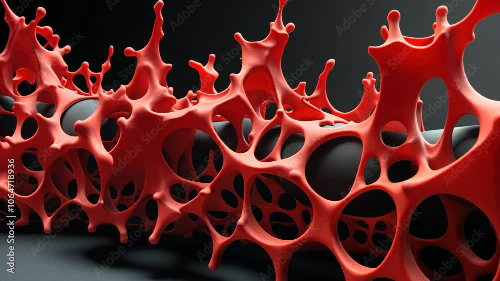 A red, abstract, 3D-rendered design of a geometric structure is reminiscent of a lattice or a honeycomb