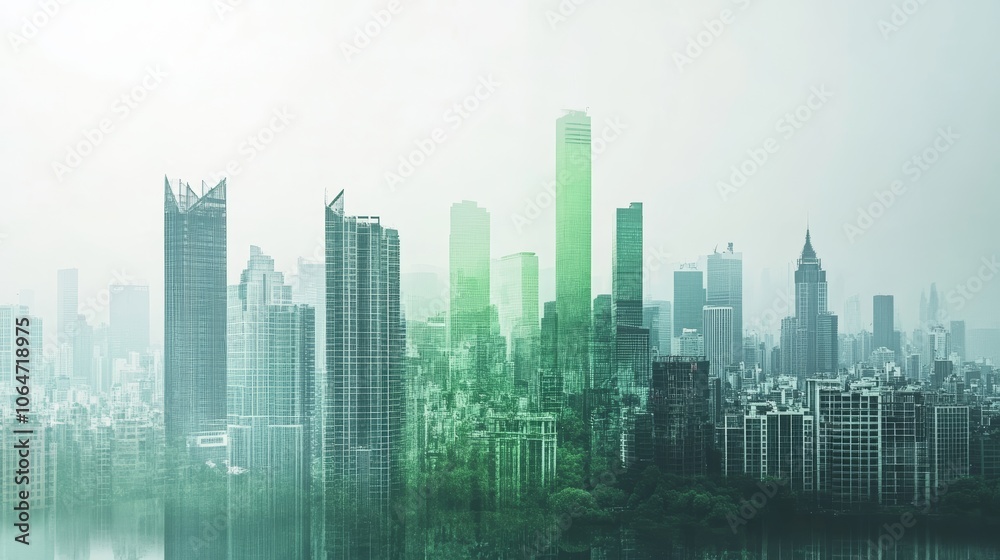 Fototapeta premium City skyline transitioning from gray to green tones symbolizing the journey toward carbon neutrality and a sustainable urban future