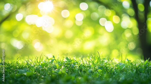 Sunlight breaks through trees, illuminating fresh green grass in a tranquil outdoor setting