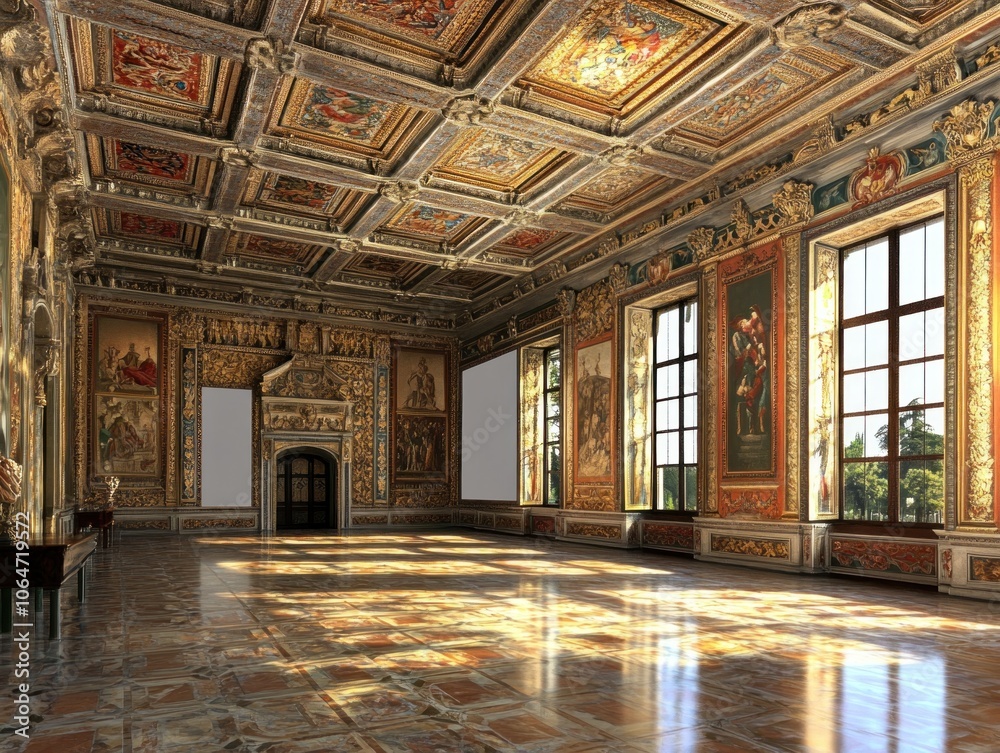 Fototapeta premium A grand, ornately decorated interior room with intricate ceiling and wall art.