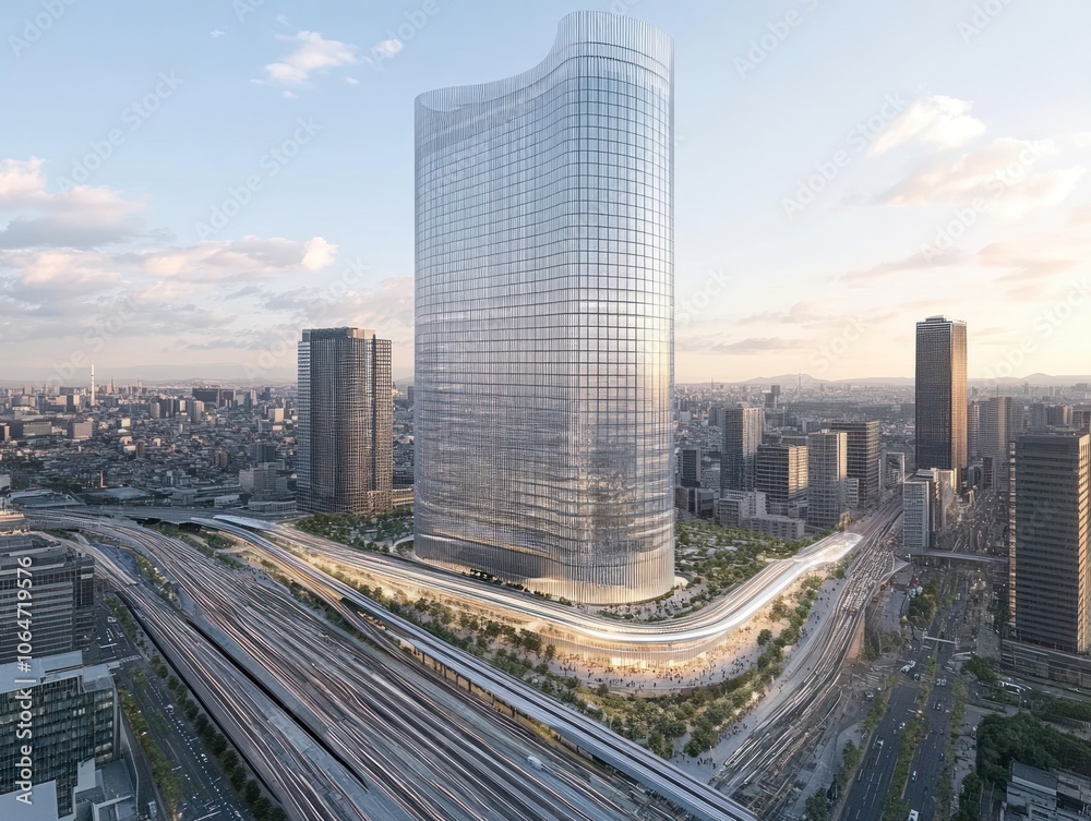 Fototapeta premium A modern skyscraper surrounded by urban infrastructure and greenery.