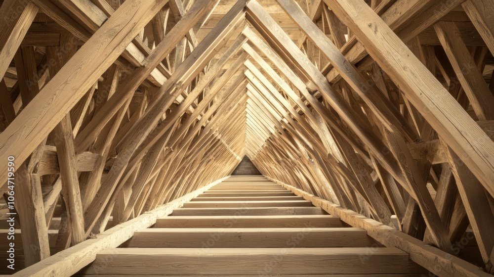 Complex arrangement of wooden trusses in an interior view highlighting the depth and structural integrity of the construction Complex arrangement of wooden trusses in an interior view highlighting the depth and structural integrity of the construction