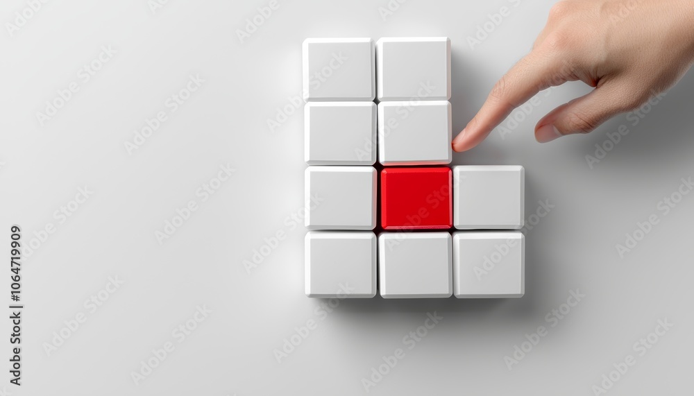 An arrangement of blocks with one red among many white, with a hand reaching towards it, symbolizing vision, leadership, and differentiation. An arrangement of blocks with one red among many white, with a hand reaching towards it, symbolizing vision, leadership, and differentiation.