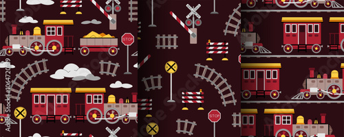 Set of seamless patterns with a steam locomotive in flat style. Childish background with toy train for fabric, wallpaper, scrapbooking, etc.