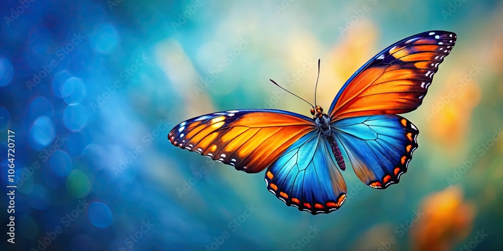 Fototapeta premium Blue orange butterfly with multicolor wings, flying gracefully on a background, butterfly, blue, orange, multicolor
