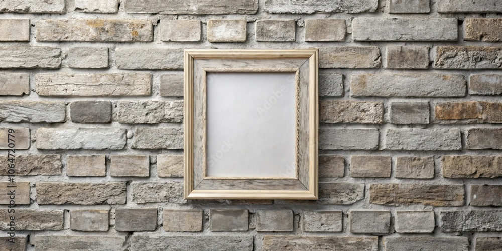 Close-up of a hanged blank frame against grey weathered brick wall , blank frame Close-up of a hanged blank frame against grey weathered brick wall , blank frame