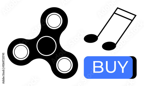 Fidget spinner, musical note, and blue BUY button highlight the themes of e-commerce, entertainment, and stress relief. Ideal for online shopping, retail, music, relaxation, hobbies, marketing