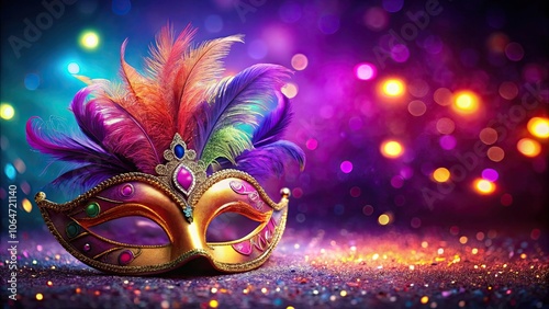 Colorful carnival mask with feathers and glitter on a vibrant purple background, carnival, mask, feathers, glitter