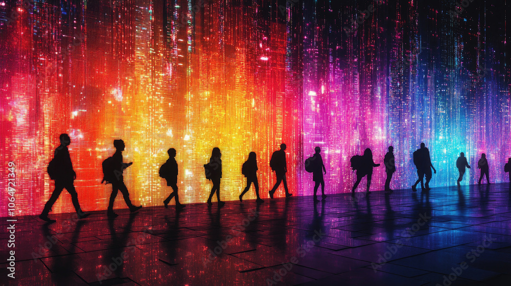Crowds walk across pedestrian bridges in sci-fi cities Crowds walk across pedestrian bridges in sci-fi cities