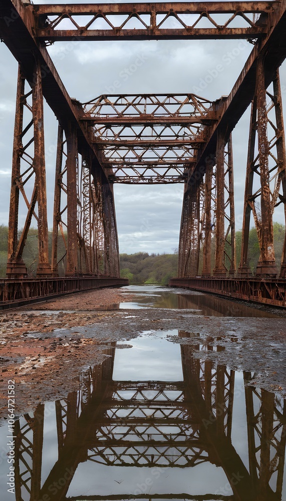Close-up of a large rusted steel bridge. The metal beams were covered ...