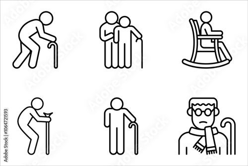 Male pensioner linear icon set. Senile man. Old age. vector illustration on white background