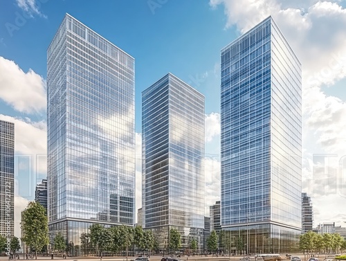 Modern glass skyscrapers in an urban setting with greenery and blue sky.