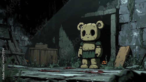 Eerie teddy bear statue in abandoned dungeon with overgrown walls