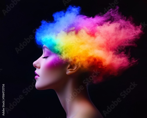 Creative visualization of a human profile with expressive brain imagery in bold colors, portraying consciousness, thoughts, and emotional spectrum.