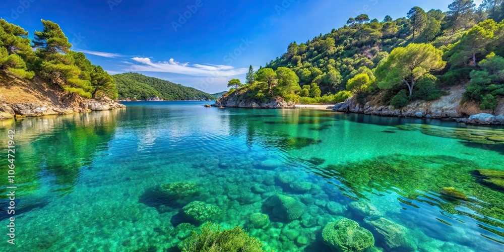 Crystal clear waters and lush greenery of Greek Island Alonissos , Alonissos, Greece, Mediterranean, Island, Beach, Turquoise Crystal clear waters and lush greenery of Greek Island Alonissos , Alonissos, Greece, Mediterranean, Island, Beach, Turquoise