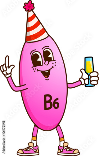 Christmas vitamin b6 cartoon groovy character with champagne glass, vector holiday emoji. Funny micronutrient or groovy vitamin B6 with happy face in party hat with champagne for Christmas greeting