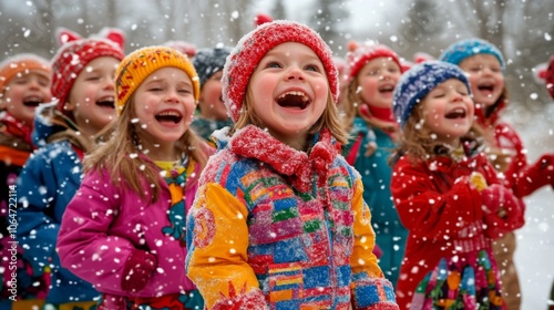 Group of cheerful children wearing colorful winter outfits singing happily in a snowy park bringing joy to the festive scene photo