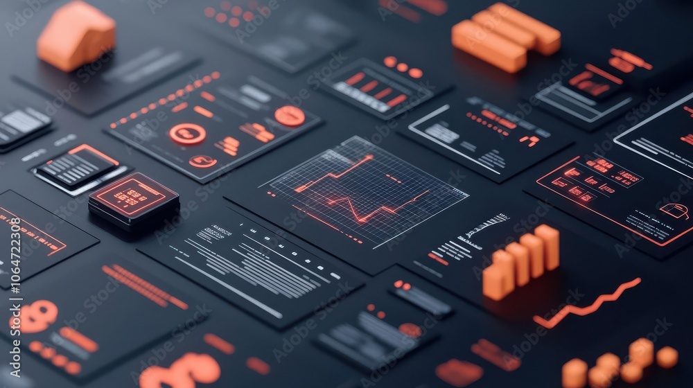 Investment analysis with sleek digital graphs and financial icons, futuristic finance, 3D illustration Investment analysis with sleek digital graphs and financial icons, futuristic finance, 3D illustration