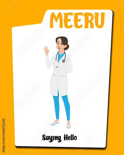 A radiologist cartoon character saying hello AKA Meeru. Female radiologist cartoon vector.