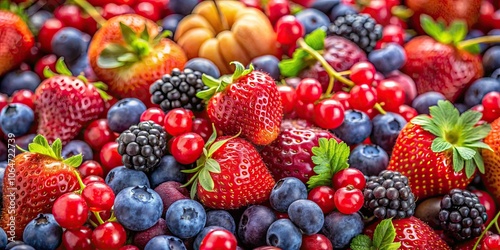 Closeup of a vibrant mix of strawberries, blueberries, raspberries