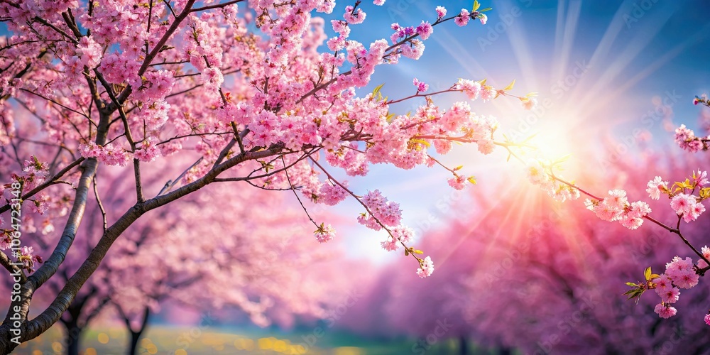 Spring border or background art with pink blossom. Beautiful nature scene with blooming tree and sun flare, Spring, border Spring border or background art with pink blossom. Beautiful nature scene with blooming tree and sun flare, Spring, border